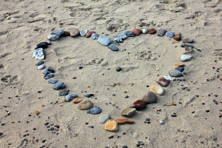 beach, sand, stones, heart, nature, love, vacation, shore